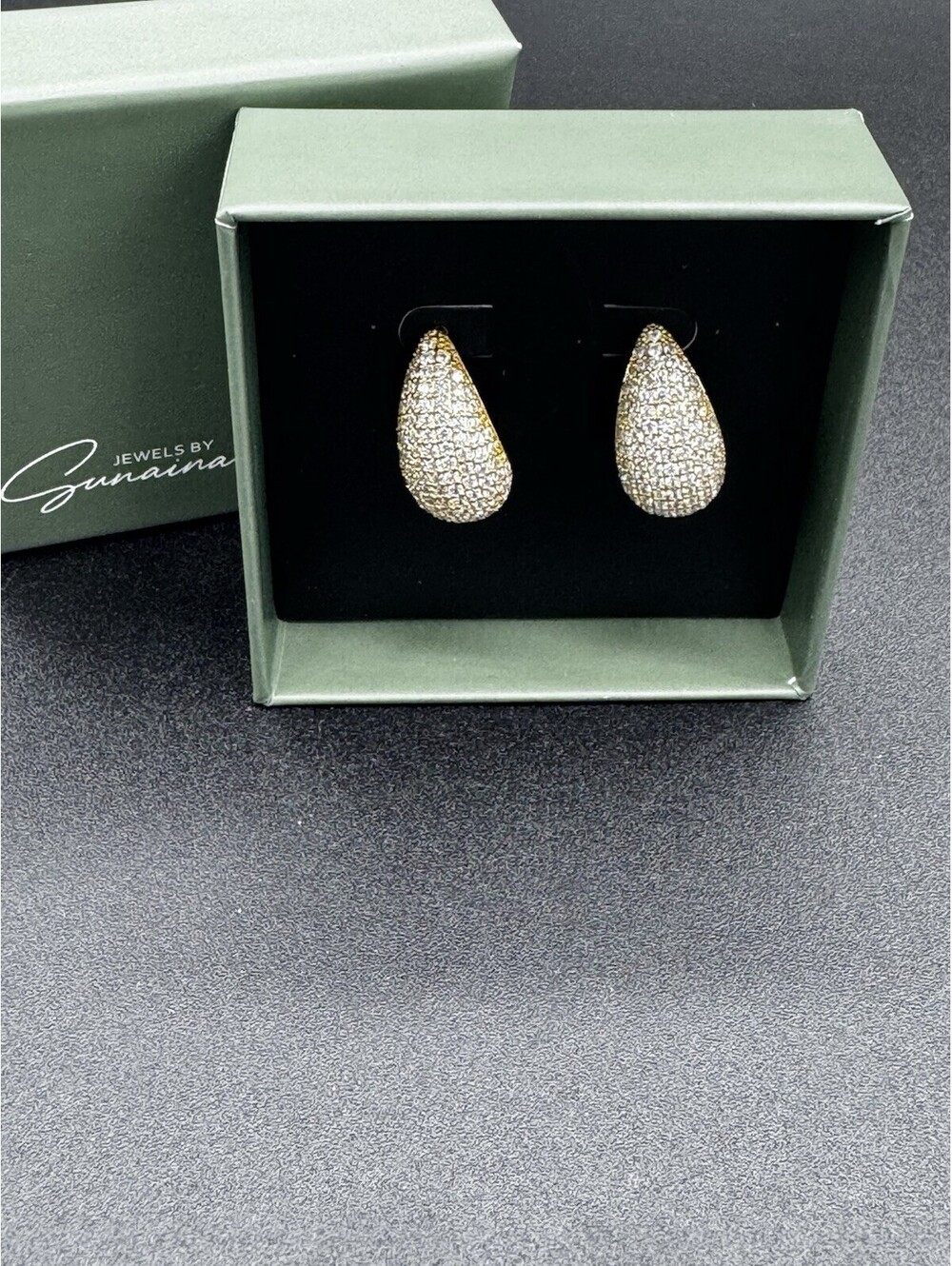 Jewels by Sunaina Narnia Stud Earrings Gold Teardrop Pave NEW in Box